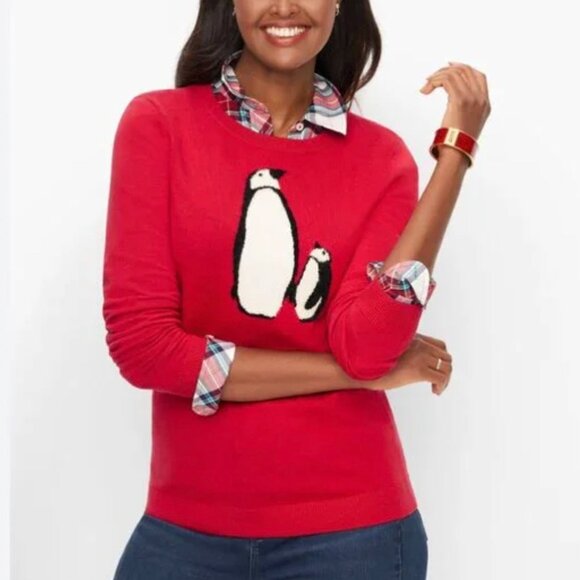Talbots Red Penguins Sweater Sz M Crew Neck Cashmere Blend Mom Baby - Picture 1 of 16